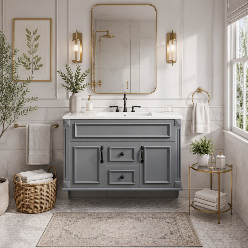 Meuble-lavabo mural 36 po avec lavabo et tiroirs en céramique, meuble-lavabo simple de style français avec charnières à fermeture douce