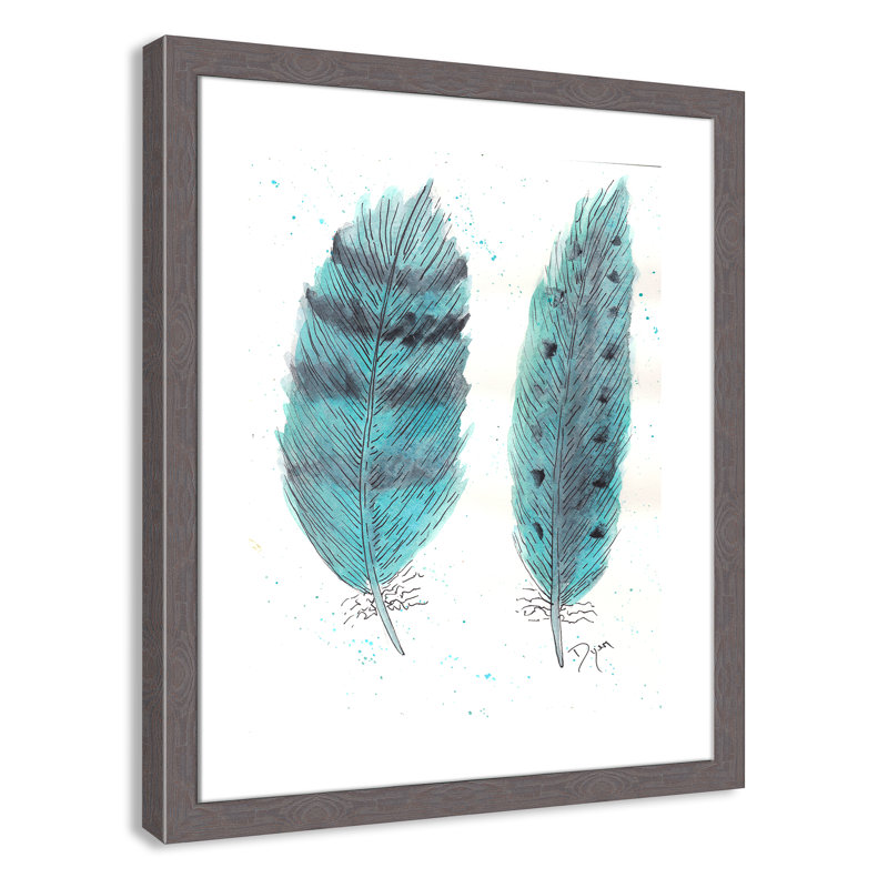 «Feathers in Turquoise II», art encadré, H 26,5 po x l 22,5 po x P 0,6 po, Encadrement fil du bois gris