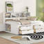 Lit de jour en bois double avec 2 armoires de chevet, tablettes supérieures et 4 tiroirs, blanc-491184756