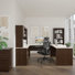 Bureau en U 65 po avec rehausse, classeur et bibliothèque chocolat blanc 65 po