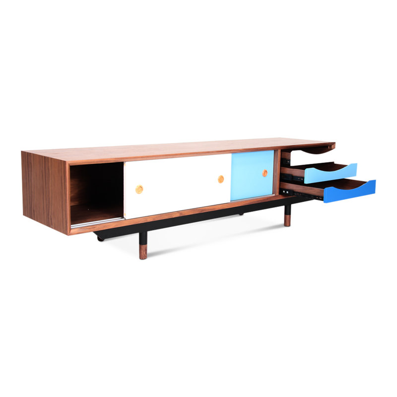 - Base de meuble télé rétro bleu 1955 avec placage en noyer naturel, pieds en acier inoxydable noir, pieds en bois massif, tiroirs laqués pour le salon principal inspiré du primaire
