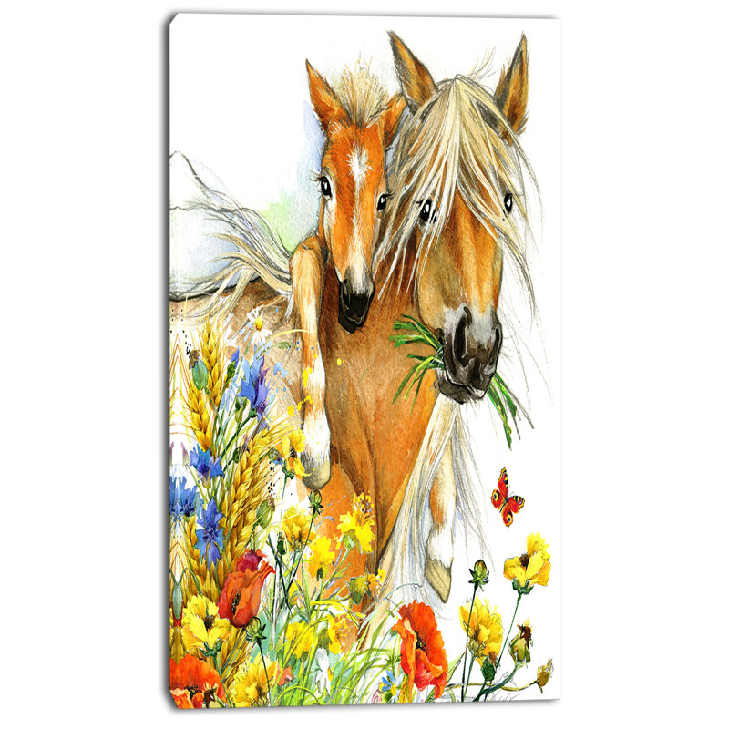 Toile multicolore avec un cheval et un animal, H 40 po x l 30 po x P 1 po, Toile tendue
