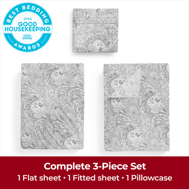 Ensemble de draps Mellanni 1800, Motif cachemire gris, Ensemble de draps pour lit simple avec deux taies 