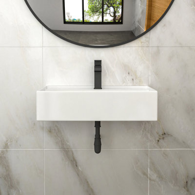 24X16 White Rectangular Wall Mounted Sink For Bathroom, Stain-, Splash Guard, Standard Drain Opening Ceramic Bathroom With Overflow And Faucet Hole, High Resistance To Scratches, Simple Installation