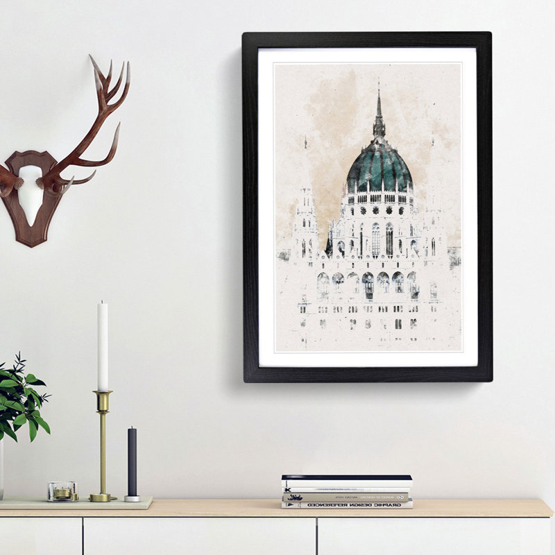 Parliament Building in Budapest - Picture Frame Painting Print, 63cm H x 45cm W x 2cm D, Black Framed