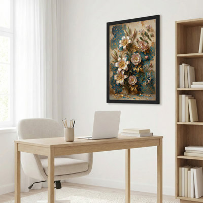 Toile noire encadrée en bois noir pour le salon, la chambre à coucher, le bureau ou le vestibule - décoration murale décorative avec art floral