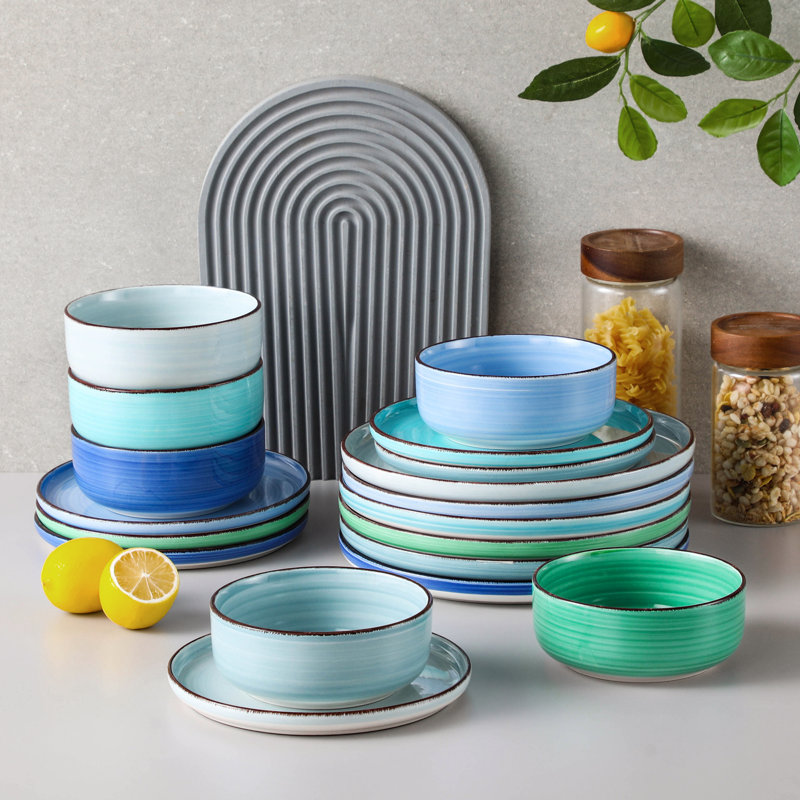 18 Pieces Stoneware Dishes Set for 6, Blue/Teal/Grey