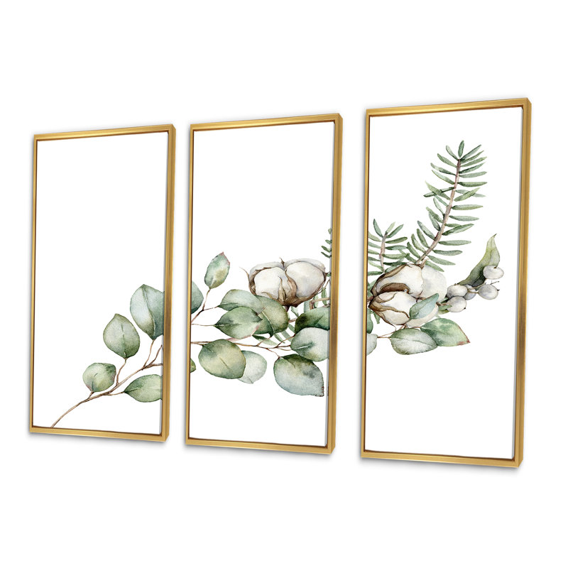 Bouquet de Noël avec branches d'eucalyptus - Peinture sur toile 3 pièces, H 32 po x l 48 po, Or