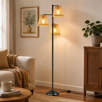 72-inch Bohemian tree-style floor lamp featuring a natural woven rattan texture and three woven shades; an ambient floor lamp for the home (bulbs not included).