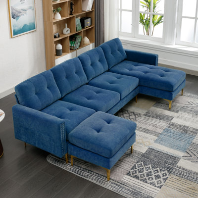 110" L-Shape Convertible Sectional Sofa Couch With Movable Ottoman For Living Room, Apartment, Office, Blue