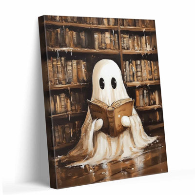 Tableau fantaisiste sur toile représentant un fantôme et une citrouille pour l'Halloween, idéal pour décorer un salon, une chambre ou pour une décoration saisonnière.