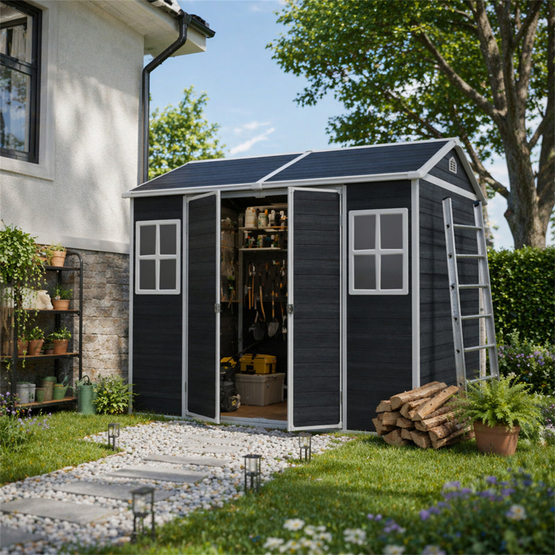 Remise de rangement extérieure en résine 8 x 6 pi imperméable avec plancher, deux fenêtres et une porte verrouillable