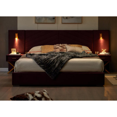 Très grande base de lit en velours / tête de lit à oreilles capitonnée verticale / lit plateforme tapissier / lattes de bois robustes / aucun sommier requis / assemblage facile