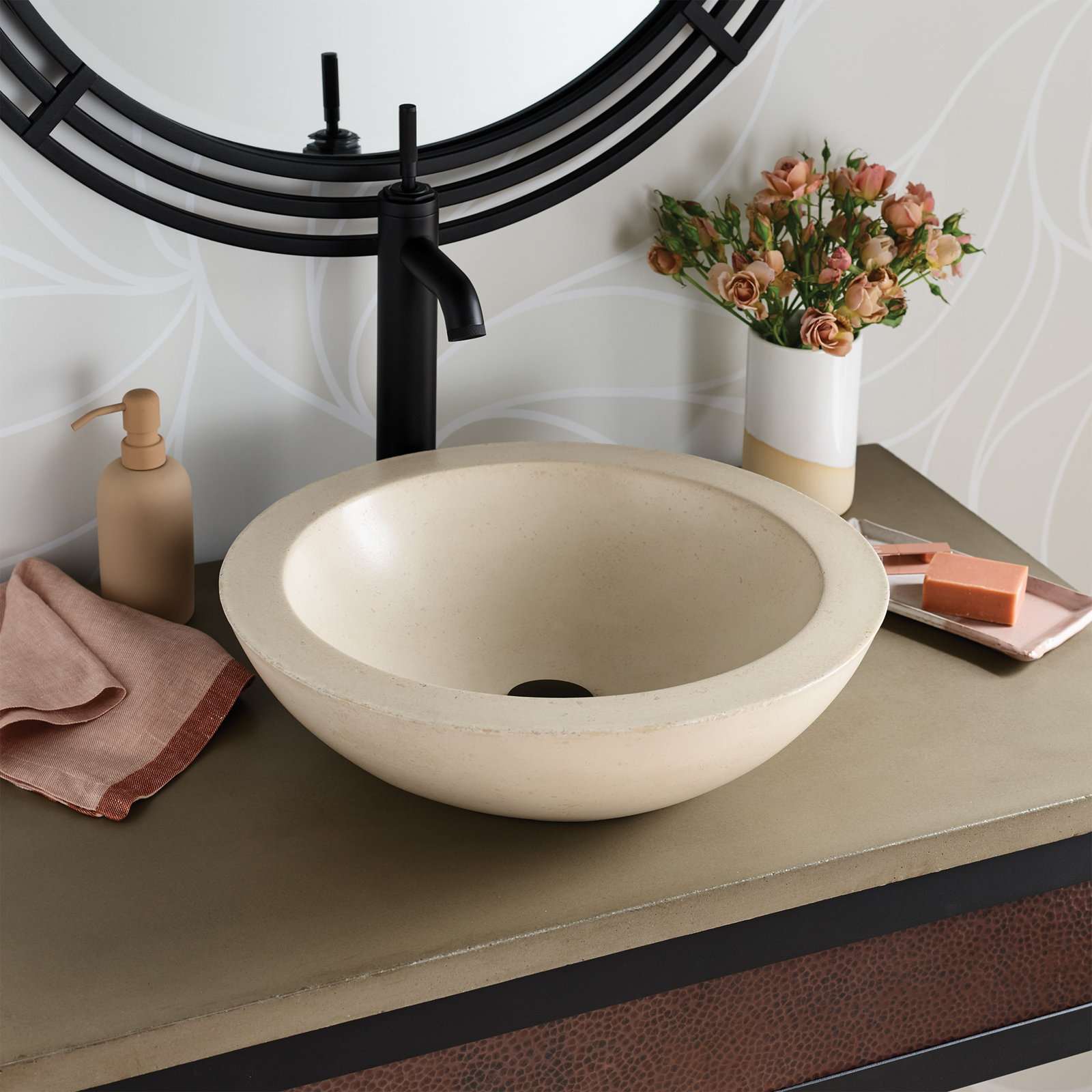 Morro Concrete Handmade Circular Vessel Bathroom Sink, Sand