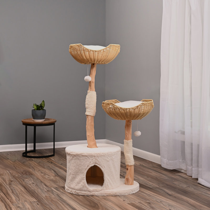 Natural Wood and Sisal Freestanding Cat Tree with Plush Condo