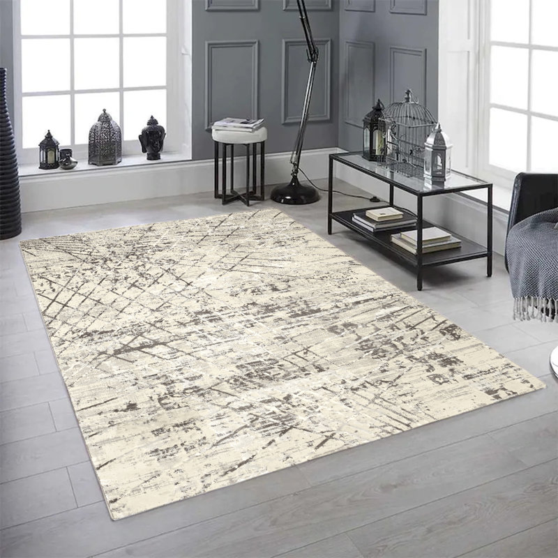 Tapis géométrique gris, crème, Rectangle 4 pi x 6 pi