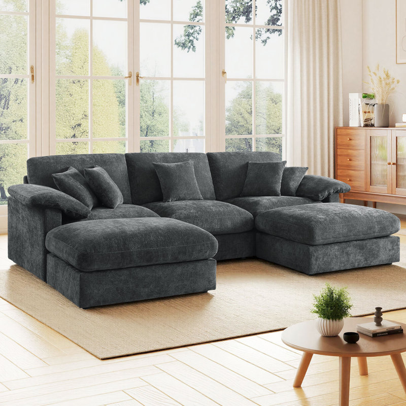Canapé modulaire en L 112 po en forme de U de 112 po avec 5 coussins décoratifs et 2 repose-pieds, DarkGray