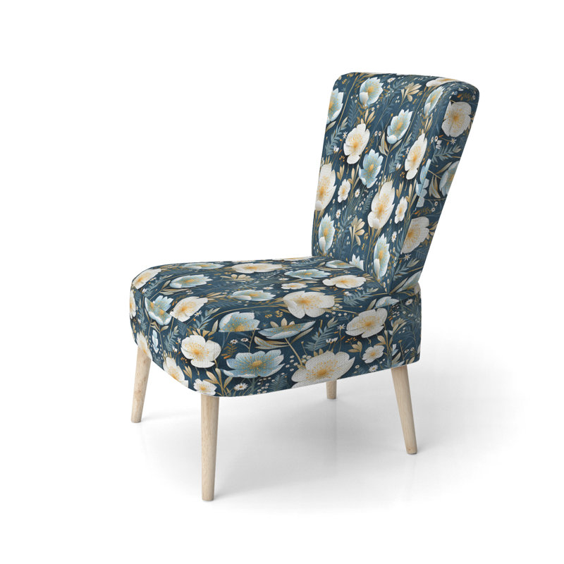 White And Blue Ranunculus Fauna Pattern - Upholstered Cottage Accent Side Chair