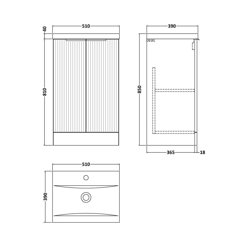 Fluted 510mm Single Bathroom Vanity with Vitreous China Basin, Satin Anthracite