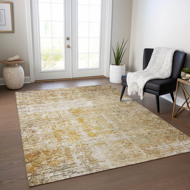 Red and Gold Synthetic Washable Rectangular Area Rug 3' x 5'