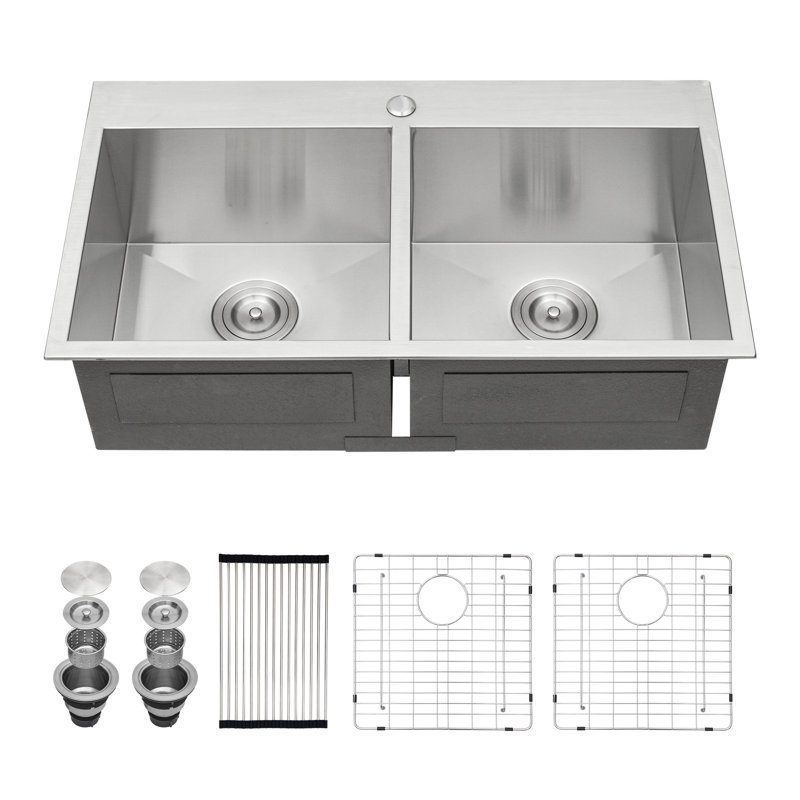 Évier de cuisine à double cuve à montage sur plan - 33 po x 22 po x 9 po en acier inoxydable de calibre 18 avec deux cuves profondes de 9 po