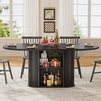 Large Oval Dining Table With 4-Panel Easy Assembly & Hidden Storage In Fluted Base, Sturdy MDF Melamine Dinner Table For 8 Seater