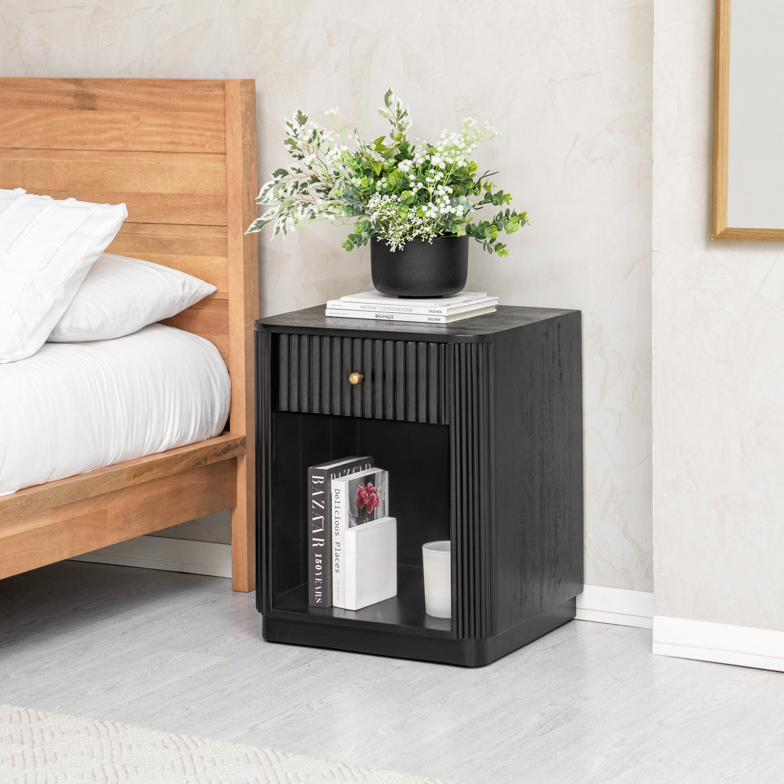 1-Drawer Open Mango Nightstand, Black