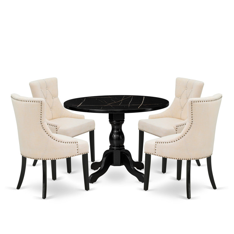 5 pc Mid-Century Modern Dining Set Includes a Round Table and 4 Light Beige Linen Fabric Mid Century Chair with Button Tufted Back Wire brushed Black