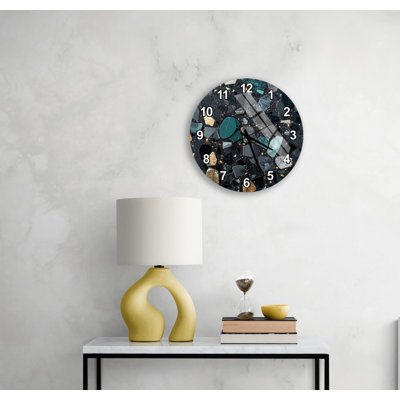 Horloge murale Terrazzo, art en pierre abstrait moderne, décor de verre trempé or noir, grande montre ronde, cadeau de salon mosaïque industrielle
