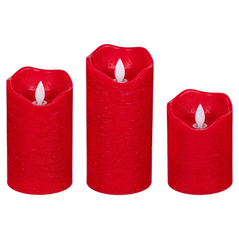 Bougie décorative de table à DEL Heartfelt Cheer, cire, mèche mobile, rouge, ensemble de 3
