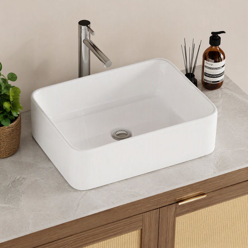 Lavabo vasque rectangulaire, lavabo de comptoir en porcelaine vitrifiée blanche, lavabo en céramique au-dessus du comptoir, robinet non inclus