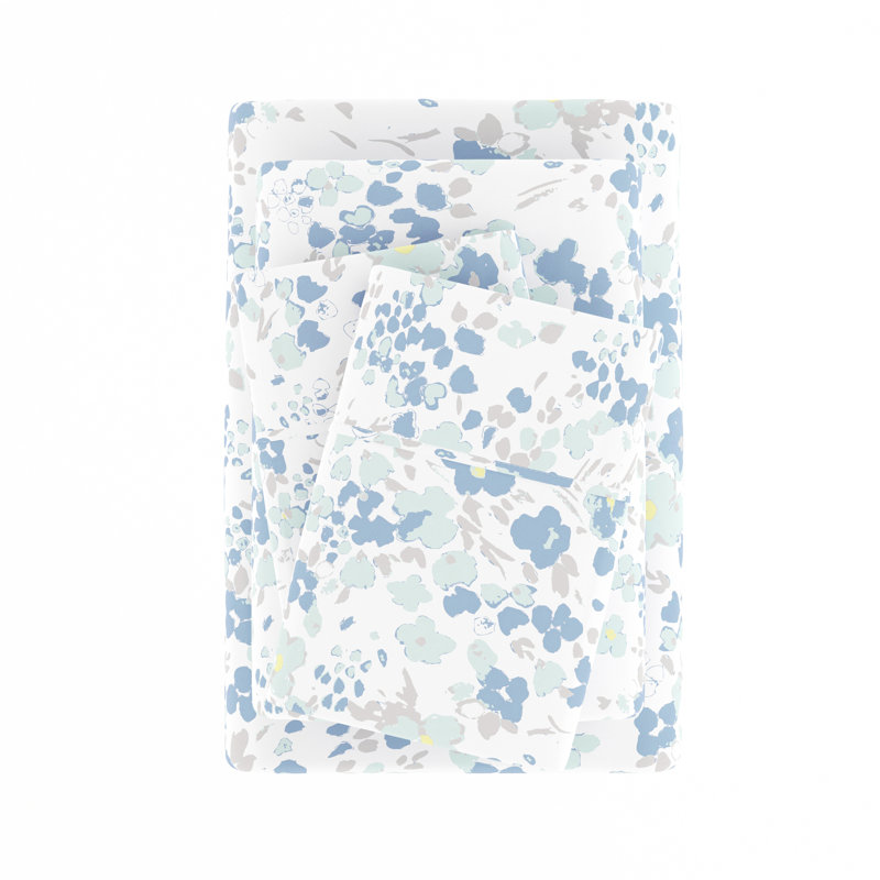 Queen Light Blue Floral Microfiber Deep Pocket Sheet Set