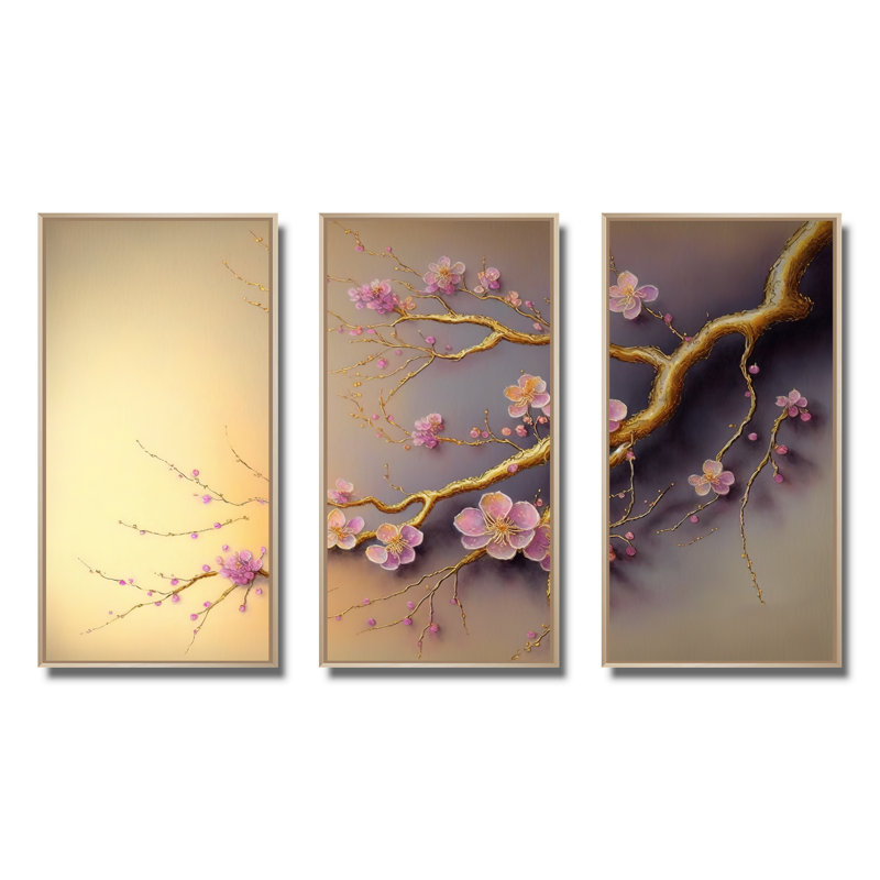 Rose et prune, cerisier en fleurs, branche VII - ensemble d'art mural moderne sur toile, Cadre flottant en érable