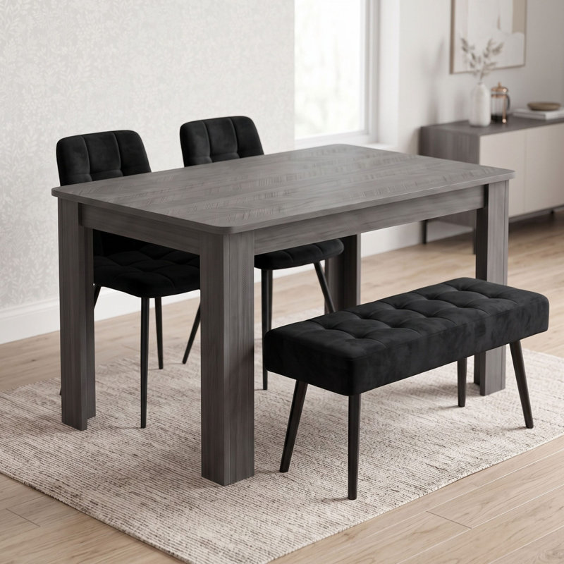 Dining Table Set with Arrow Charcoal Table, 2 Black Velvet Chairs and Velvet Bench 4 Seater