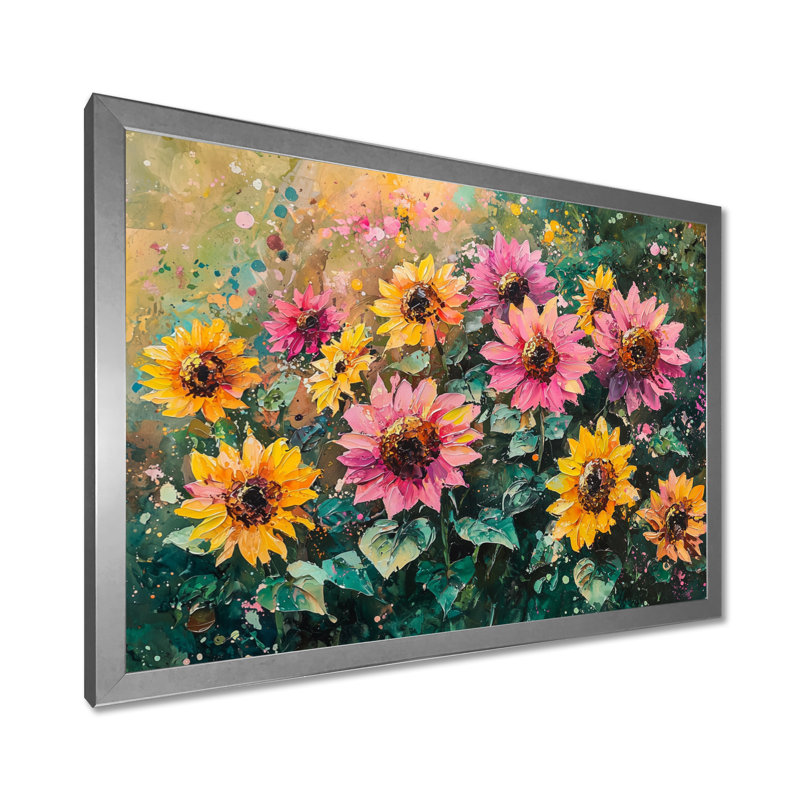 Doreon Spring Symphony of Pink Sunflowers II - art mural tournesols, Reproduction encadrée d'une seule photo, Argent argent