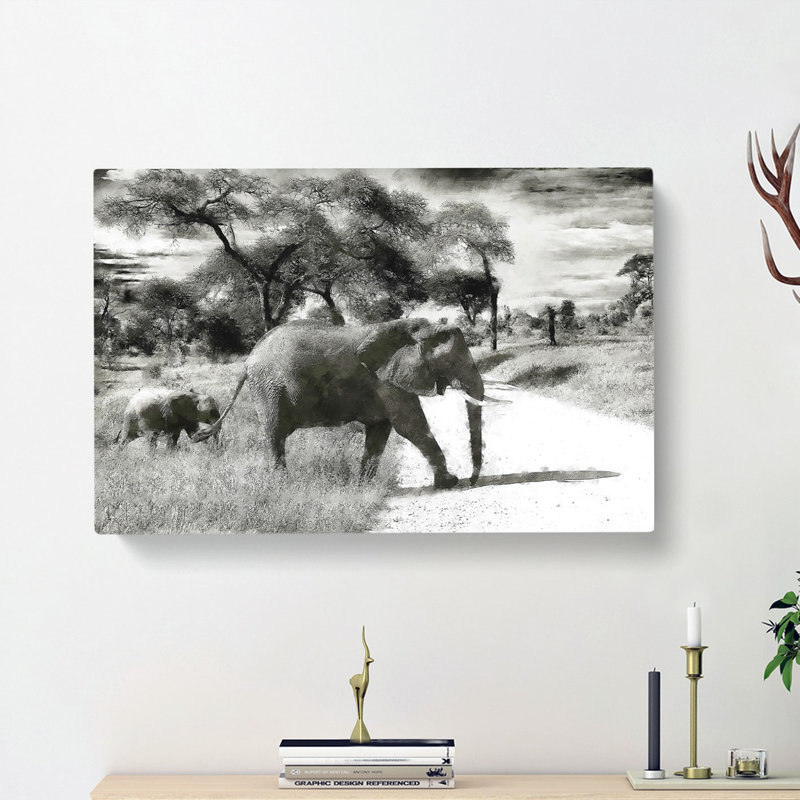 Mother & Baby Elephant Strolling - Wrapped Canvas Print, 50cm H x 76cm W x 3cm D