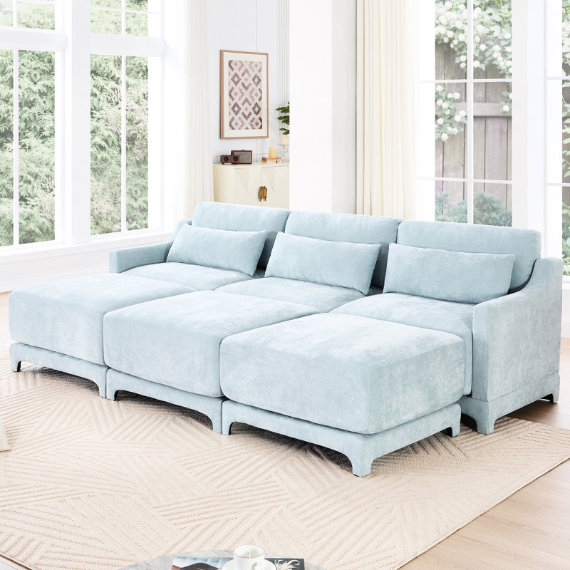 Chenille à trois places bleu ciel, 3 repose-pieds mobiles, conception ergonomique, éponge à haute résilience, base en bois, assise confortable bleu avec revêtement, coussin lombaire, coussins, modulaire