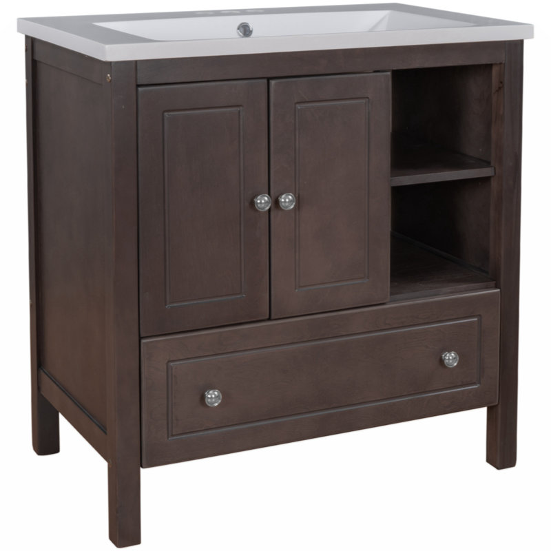 Meuble-lavabo de salle de bain 30 po avec lavabo, armoire de rangement avec portes et tiroirs Oshrit, structure en bois massif, lavabo en céramique