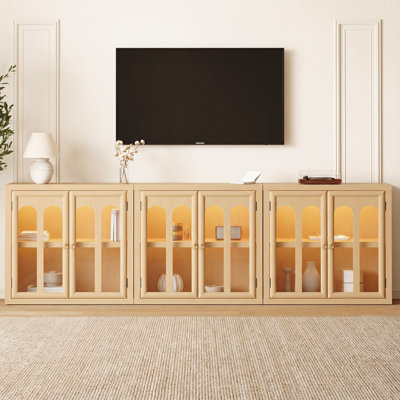 93" Lighted Arched Glass Display Cabinet Set with Fluted Doors, Large China Cabinet & Home Bar Console