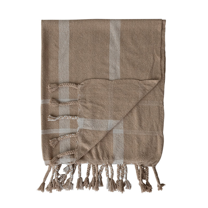 Woven Cotton Blend Striped Throw With Braided Fringe