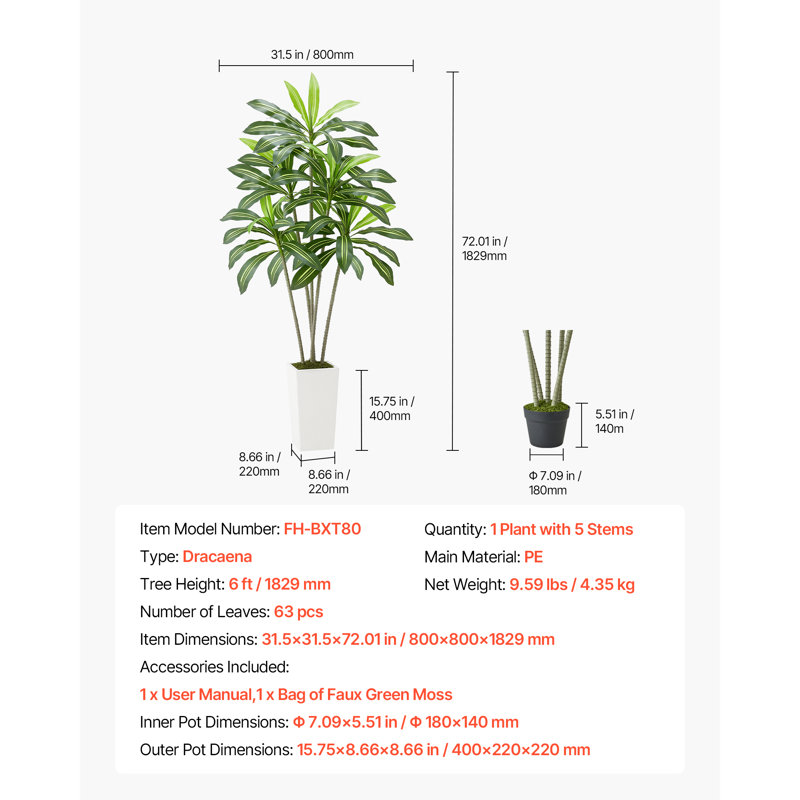 Arbre artificiel artificiel Dracaena avec plante blanche, H 72,01 po x l 31,5 po x P 31,5 po