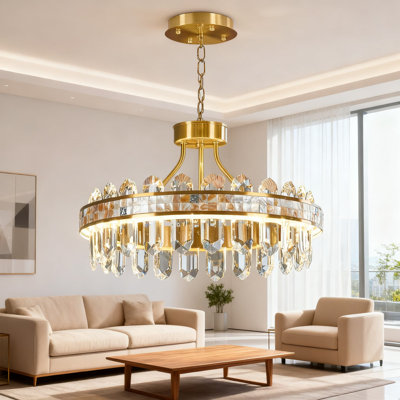 Modern Round LED Crystal Chandelier With Remote Control - 3 Colour Dimmable Gold Pendant Light With Adjustable Height For Dining Room, Living Room, Foyer And Entryway