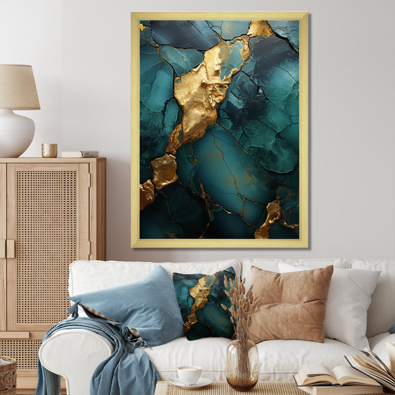 Or et vert motif de marbre abstrait II - décoration murale en marbre, Cadre doré simple, H 20 po x l 12 po x P 1 po