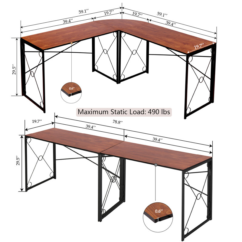 Aleksander Foldable Modular L-Shaped Steel Computer Desk, Brown