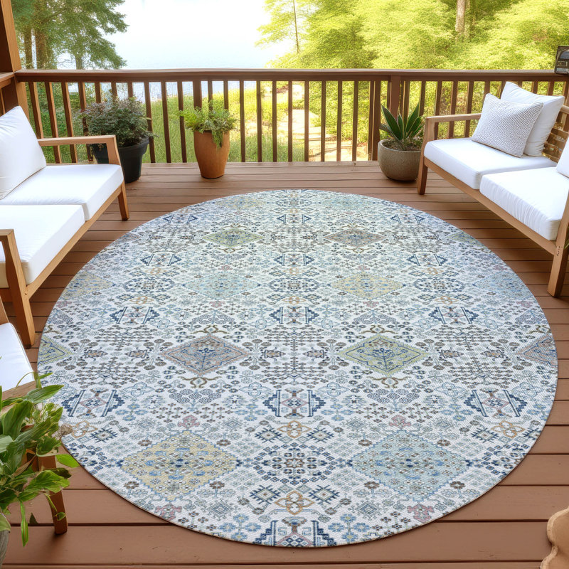 Tapis traditionnel lavable à la machine intérieur / extérieur ACN2440, Ivoire ivoire, Rond 8 pi