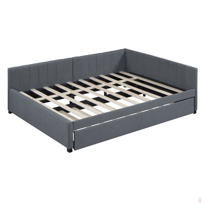 Full Size Upholstered Daybed With Trundle Sofa Bed Frame No Box Spring Needed, Linen Fabric