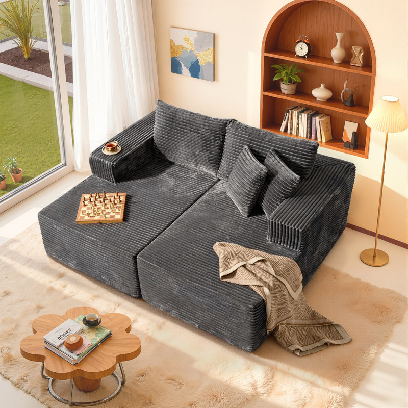 Navarrie Boneless 2 - Piece Upholstered Sleeper Sofa, No Assembly Required, Compression Sofa, Gray Faux Fur