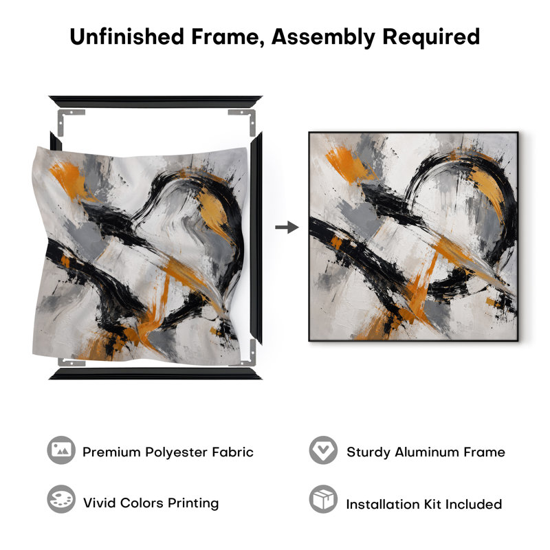 Extra Large Wall Art Fabric Print - Black Gray Orange Expressive Abstract Design for Living Room or Bedroom - "Frame Assembly Required (Unfinished Frame)"