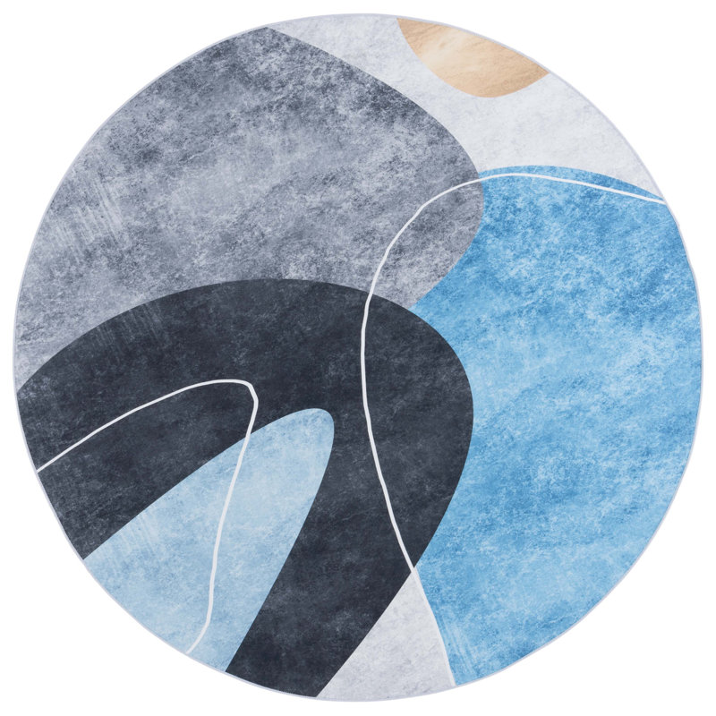 Tapis gris foncé / turquoise Bennita 837, Rond 6 pi