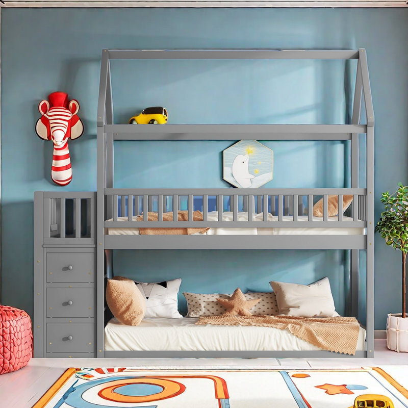 TWIN/TWIN HOUSE BUNK BED WITH SHELVES AND DRAWERS, Gray